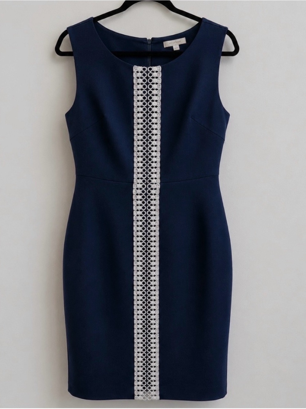 Vince Camuto Navy Sheath Dress White Lace Panel Sleeveless Career Cocktail Sz 8